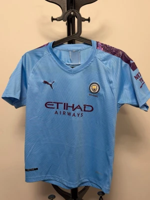 Manchester City  - Snygg ljusblå Manchester City matchtröja från Puma med klubbmärke, Etihad Airways-logga och lila detaljer på axeln. Kortärmad med V-ringning och tillverkad i lätt, ventilerande material som passar perfekt till fotbollsträning eller match. Säljs i befintlig skick. Se bilder. Ganska liten i storlek.