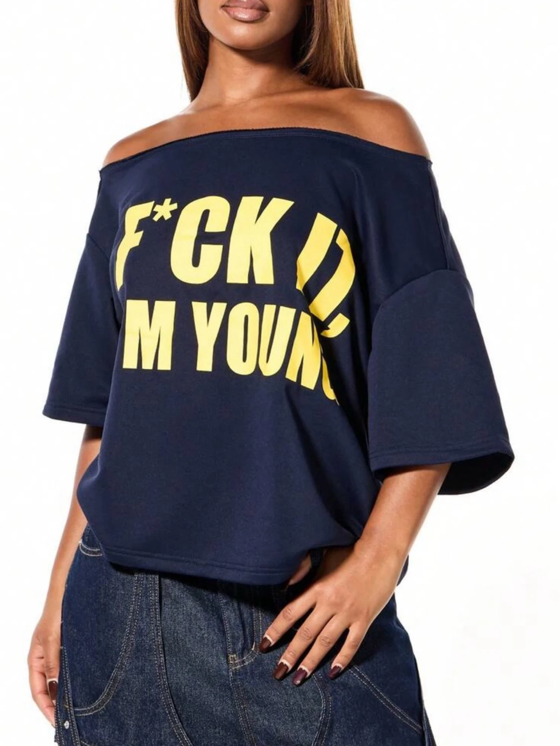 Mörkblå offshoulder t-shirt med coolt tryck - 2