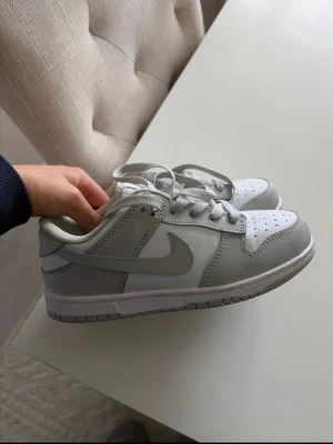 Nike Dunk Low gråvita sneakers - Snygga Nike Dunk Low sneakers i vitt och ljusgrått läder med klassisk swoosh på sidan. Skorna har perforerad tåbox, vita och grå skosnören samt en vit sula. Perfekta för dig som gillar stilrena och tidlösa sneakers.