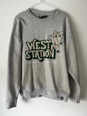 Grå sweatshirt West Station - Grå sweatshirt från Sner med tryck 'West Station' i grönt och vitt framtill samt en tecknad figur. Tröjan har rund hals, ribbade muddar och avslappnad passform. 