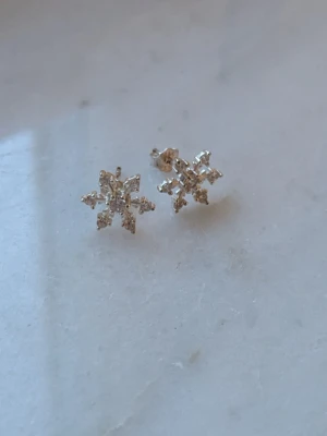 Snöflingeformade örhängen i silver - Säljer ett par små, gnistrande örhängen i form av snöflingor. De är silvriga och har flera små stenar som ger ett lyxigt intryck. Perfekta för dig som gillar detaljerade och unika accessoarer. Stiftmodell som sitter bekvämt på örat.