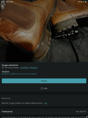 Bruna läderstövlar Coronel Tapiocca - Säljer ett par bruna ankelhöga stövlar från Coronel Tapiocca i äkta läder. De har grov sula för extra grepp och markerade sömmar som ger en robust look. Perfekta för dig som vill ha både stil och funktion i höst och vinter.