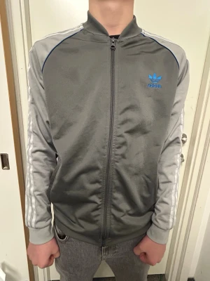 Grå Adidas hoodie med blå logga - Snygg grå hoodie från Adidas med blå logga på bröstet. Skicket är perfekt inga konstigheter alls, inga fläckar noppor.