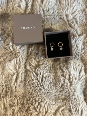 Guldiga örhängen med stjärnhänge från Edblad - Snygga guldiga örhängen från Edblad med små stjärnformade hängen. Örhängena är runda hoops i metall med ett glittrande stjärnhänge som ger en trendig och stilren look. Perfekta för att lyfta din outfit med lite extra bling. Fläckarna är på baksidan av kartongen! Örhängerna är däremot i nyskick och är använd ett par fåtal gånger😊💖! 