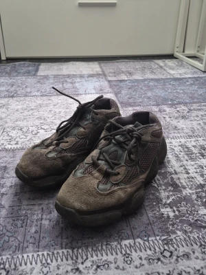 Bruna Yeezy 500 sneakers - Säljer ett par bruna Yeezy 500 sneakers med chunky sula och meshpaneler. Skorna har mockadetaljer och snörning framtill. Perfekta för dig som gillar streetwear och vill ha en unik look.