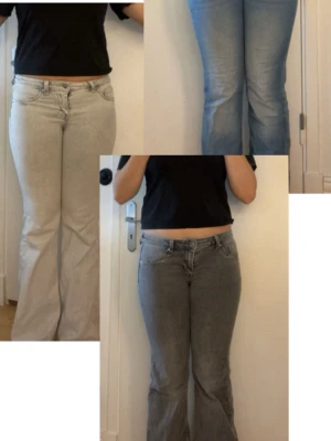 Tre- pack med bootcut low jeans i olika färger - Säljer tre par bootcut low jeans i olika tvättar: ett par ljusgrå, ett par ljusblå och ett par mellangrå. Alla har klassisk femficksdesign och normal midja. Perfekta för dig som gillar retrovibbar och vill ha flera alternativ till garderoben.