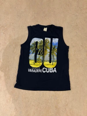 Mörkblå ärmlös linnetopp Cuba - Snygg mörkblå ärmlös linnetopp med tryck av palmer och texten 'Varadero Cuba' framtill. Perfekt för sommardagar och strandhäng. Tillverkad i mjuk bomull för skön känsla och avslappnad stil. Vid mer info kontakta gärna! ABS! Pris går att diskutera!