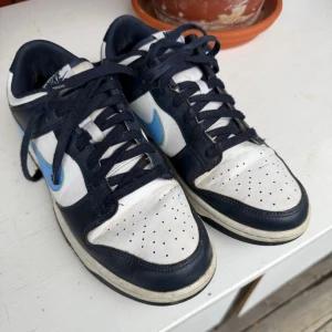Nike Dunk Low blå och vita sneakers - Säljer ett par Nike Dunk Low sneakers i blått och vitt med ljusblå swoosh. Klassisk låg siluett med perforerad tåbox och vita paneler i läder. Skorna har mörkblå detaljer och matchande snören. Perfekta för dig som gillar retrostil och streetwear.