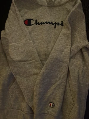 Grå hoodie från Champion - Snygg grå hoodie från Champion med klassisk logga broderad på bröstet i svart, vitt och rött. Hoodien har magficka och liten Champion-logga på ärmen. Tillverkad i mjukt bomullsmaterial och har en avslappnad passform med huva.