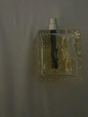 Fine Gold 999 parfym - Parfymflaska från Fine Gold med modern design och transparent glas. Flaskan har en fyrkantig form med vågiga detaljer och innehåller en gulaktig vätska. Sprayanordningen är silverfärgad och flaskan har tydlig märkning på framsidan.