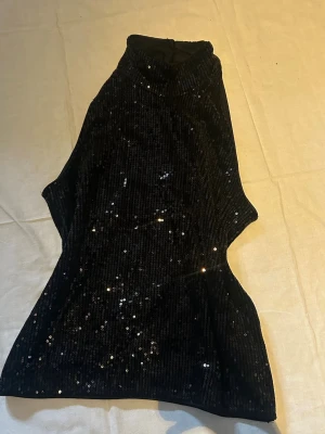 Svart glittrig polotopp med paljetter - Säljer en svart polotopp med glittriga paljetter som ger ett riktigt snyggt och festligt intryck. Toppen är ärmlös och har en hög krage som gör den extra cool. Perfekt för dig som vill sticka ut och glänsa lite extra.