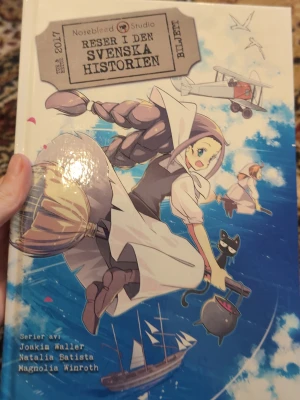 Reser i den svenska historien - En färgstark manga-inspirerad bok med hårda pärmar där du får följa tre olika berättelser om svenska historiska händelser. Omslaget pryds av en flicka med fläta och katt, flygplan och segelfartyg mot en blå himmel. Perfekt för dig som gillar äventyr och historia i serieformat.