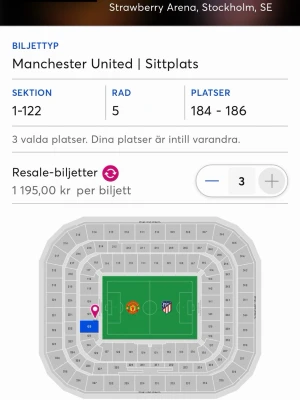 Manchester United sittplatsbiljetter  - Tre sittplatsbiljetter till Manchester United-match på Strawberry Arena i Stockholm. Sektion 122, rad 5, platser 184-186. Perfekt för dig som vill uppleva fotboll live med vänner. Biljetterna är resale och platserna är bredvid varandra.