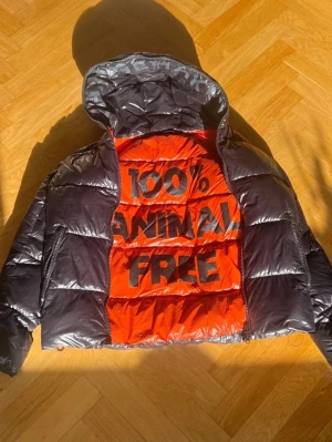 Glansig svart pufferjacka med huva - Säljer en glansig svart pufferjacka med huva och orange foder där det står '100% ANIMAL FREE' tryckt på insidan. Jackan har breda kanaler och en patch på ärmen. Perfekt för kalla vinterdagar och helt djurvänlig.