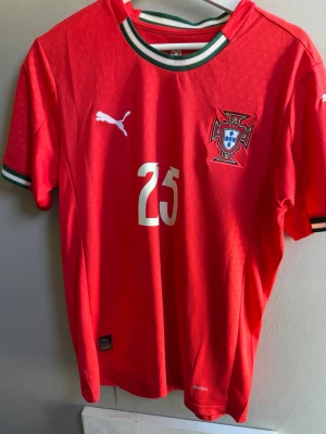 Portugal fotbollströja N. Mendes 25 - Röd Portugal landslagströja från Puma med nummer 25 och N. Mendes på ryggen. Tröjan har vita detaljer, gröna och vita ränder vid krage och ärmslut samt landslagets emblem på bröstet. Perfekt för fotbollsfans!