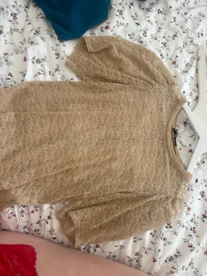 Beige spetsblus från Zara - Säljer en beige blus från Zara i genombruten spets med korta ärmar. Toppen har ett fint mönster och är lätt transparent, perfekt för att styla lager på lager. Supersnygg till både jeans och kjol.