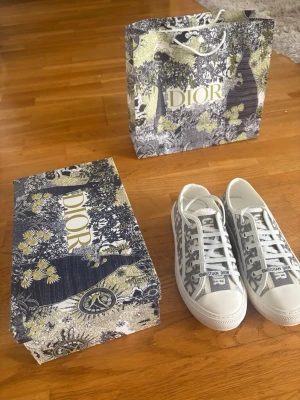 Dior Oblique låga sneakers - Säljer ett par snygga Dior Oblique sneakers i vitt och grått med klassiskt monogrammönster. Skorna har vita snören, gummisula och texten 'Christian Dior' på ovansidan. Perfekta för dig som vill ha en exklusiv och trendig look.