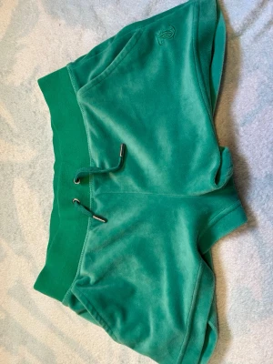 Gröna velourshorts med snörning - Snygga gröna shorts i mjuk velour med bred resår i midjan och snörning framtill. Shortsen har fickor och en liten broderad logga på ena sidan. Perfekta för chill eller träning under sommaren.