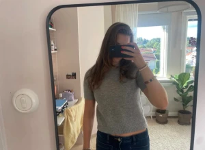 Grå stickad kortärmad tröja - Säljer en enkel och stilren grå stickad tröja med korta ärmar och rund hals. Tröjan har en rak passform och ribbade kanter vid ärmslut och nederkant. Perfekt att matcha med jeans eller kjol för en chill look.
