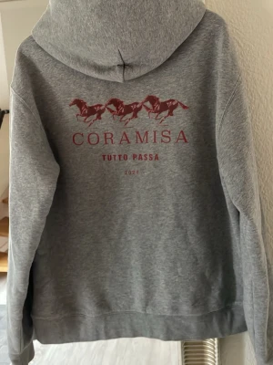 Grå hoodie från Coramisa med tryck - Snygg grå hoodie från Coramisa med rött tryck av galopperande hästar och texten 'Tutto Passa” på ryggen. Liten logga framtill. Klassisk passform med huva och mjukt material, perfekt för en chill och avslappnad stil.