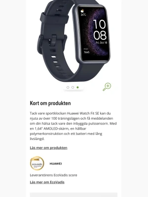 Huawei Watch Fit  - Huawei Watch Fit smart klocka. Knappt använd, nytt skick. Ville ha en Apple Watch egentligen så den har bara legat i lådan. Jag kan gå ner i pris vid snabb affär. Nypris är 1200kr