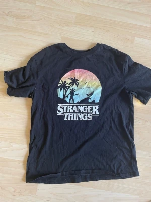 Svart Stranger Things t-shirt - Svart t-shirt med Stranger Things-tryck framtill. Motivet har palmer, fåglar och en färgglad solnedgång i rosa, gul och blå. Klassisk passform och rund hals. Perfekt för dig som gillar serien och vill ha en avslappnad stil. 