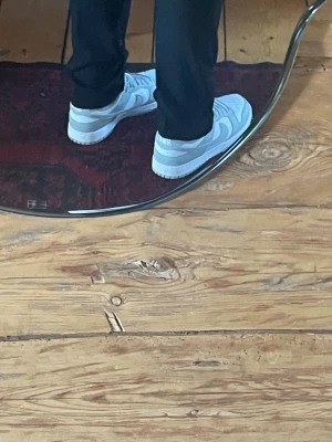 Nike Dunk Low i vitt och ljusgrått - (STORLEK 47.5) Nike Dunk Low sneakers i vitt och ljusgrått skinn. Klassisk siluett med perforerad tå, platt sula och snörning. Swoosh-logga på sidorna och broderad Nike-text på hälen. Perfekta för dig som gillar clean och stilren streetwear. Lite smutsiga men det kan man tvätt bort lätt. Använda två gånger