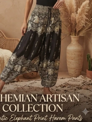Svarta boho-haremleggings med elefantmönster - Unika svarta haremleggings med bohemiskt elefantmönster i vitt och grått. Byxorna har bred resår i midjan och avslappnad, pösig passform med dragsko. Perfekta för dig som gillar en chill och kreativ stil.