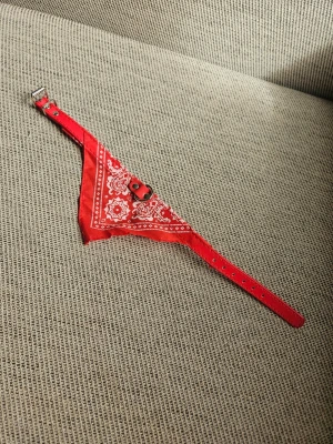Rött bandanamönstrat halsbans till hund eller katt - Säljer ett hundhalsband i rött tyg med klassiskt bandanamönster i vitt. Halsbandet har en triangulär formad tygdel och ett spänne i metall samt dekorativ ringdetalj att fästa kopplet I.