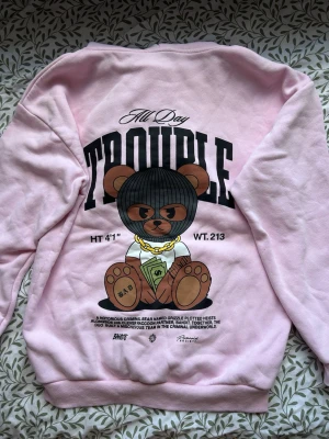 Rosa hoodie med björntryck - Säljer en ljusrosa hoodie med stor ficka framtill och huva. På ryggen finns ett stort tryck med en björn i rånarluva, kedja och sedelbunt samt texten 'All Day Trouble'. Hoodien har ribbade muddar och är gjord i mjukt material, perfekt för en avslappnad streetwear-look. Använda båda inne och ute! Passar samt perfekt till alla storlekar beroende på hur du vill att den ska sitta. Både till herr och dam!