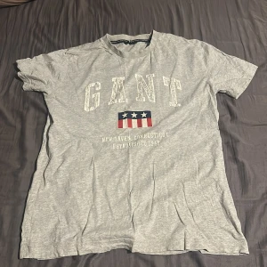 Grå GANT t-shirt med tryck - Snygg grå t-shirt från GANT med stort tryck på bröstet och amerikanskinspirerad flagga med stjärnor. T-shirten har korta ärmar, rund hals och är gjord i mjuk bomull. Perfekt för dig som gillar klassisk college-stil och vill ha något bekvämt och stilrent.