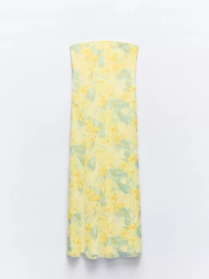 Gul blommig axelbandslös långklänning - Perfekta sommarklänningen, använd 1 gång