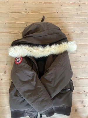 Brun dunjacka med pälskant Canada Goose - Säljer en brun dunjacka från Canada Goose med stor huva och avtagbar pälskant i fuskpäls. Jackan har ribbade muddar, två stora fickor framtill och klassisk Canada Goose-logga på ärmen. Perfekt för kalla vinterdagar och riktigt snygg streetstil.