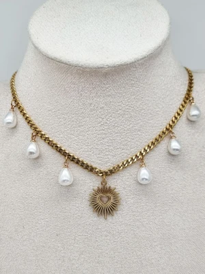 Stilfullt halsband med hjärta och pärlor  - Material-rostfritt stål, kedjetjocklek-4mm #24