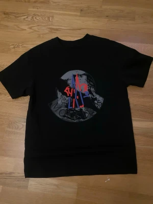Svart Moncler t-shirt med tryck - Cool svart t-shirt från Moncler med ett stort grafiskt tryck i grått, blått och rött på bröstet. Klassisk passform och rund halsringning, perfekt för en trendig streetwear-look.