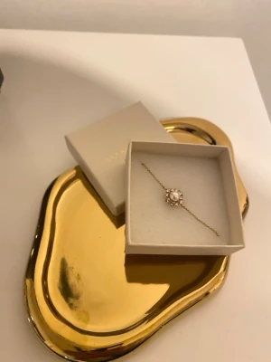 Guldfärgat armband med pärldetalj - Elegant armband från Lily and Rose med tunn guldfärgad kedja och en rund pärla i mitten, omgiven av små gnistrande stenar. Perfekt accessoar för att lyfta din stil med en touch av lyx och klass.