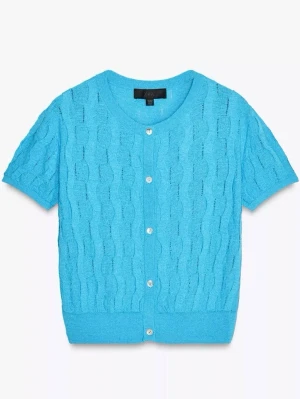 Blå kortärmad kofta med knappar - Snygg blå kofta med korta ärmar och knäppning framtill. Stickat mönster ger en trendig look. Köpt från Zara, aldrig använd💙