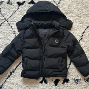 Svart pufferjacka från Trapstar - Säljer en svart pufferjacka från Trapstar med stor huva och broderad logga på ryggen. Jackan har dragkedja framtill, två fickor med knappar och en rund logodetalj på bröstet. Perfekt för kalla dagar och riktigt snygg streetstil.