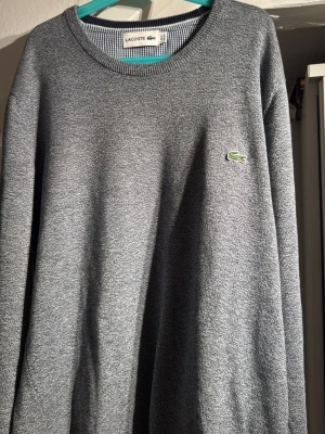 Grå tröja från Lacoste i bomull - Säljer en stilren grå tröja från Lacoste med rund hals och det klassiska gröna krokodilmärket broderat på bröstet. Tröjan är i mjuk bomull och har lång ärm. Perfekt för dig som gillar enkel och clean stil. OBS Bortklippt tagg där nere. Kan gå ner i pris vid snabb affär!!