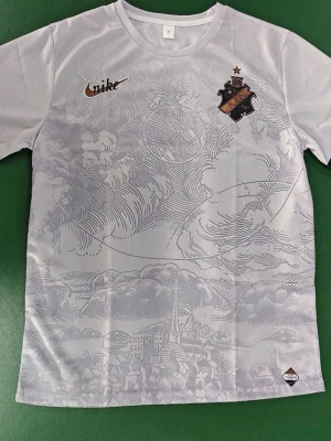 Vit AIK x Nike t-shirt med tryck - Snygg vit t-shirt från Nike i samarbete med AIK, med detaljerat grafiskt tryck över hela framsidan och AIK:s klubbmärke på bröstet. Klassisk rund hals och korta ärmar. Perfekt för dig som vill sticka ut med stilren sportlook.