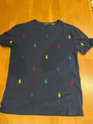 Mörkblå Polo Ralph Lauren t-shirt - Snygg mörkblå t-shirt från Polo Ralph Lauren med broderade loggor i rött, gult, grönt och blått över hela tröjan. Modellen är custom slim fit och har korta ärmar. Perfekt för dig som gillar klassisk stil med färgglada detaljer.