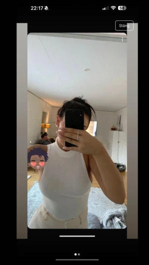 Vit ribbad polotopp ärmlös - Säljer en vit ärmlös polotopp med ribbad struktur och hög krage. Toppen har en slim passform och är gjord i mjukt, stretchigt material som sitter snyggt mot kroppen. Perfekt att styla med jeans eller kjol för en clean look.