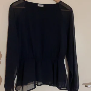 Svart blus från Aware med volang - Säljer en svart blus från Aware med transparenta långa ärmar och lätt volang nertill. Blusen har en lös passform och är tillverkad i ett tunt, flowy material som ger en snygg siluett. Perfekt att styla med jeans eller kjol.