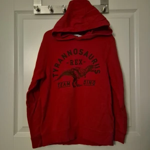 Röd hoodie med T-Rex från H&M - Cool röd hoodie från H&M med tryck av Tyrannosaurus Rex och texten 'TEAM DINO' på bröstet. Tröjan har huva och långa ärmar, perfekt för dig som gillar dinosaurier. Materialet är mjuk bomull och passformen är normal.
