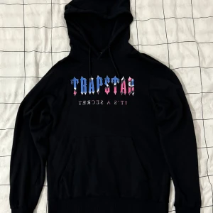 Trapstar svart hoodie med tryck - Svart hoodie från Trapstar med färgglatt tryck i blått, rosa och vitt på bröstet där det står 'Trapstar It's a secret'. Tröjan har huva med snörning, magficka och ribbade muddar. Perfekt för dig som gillar streetwear och vill sticka ut.