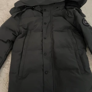 Grå dunjacka från Canada Goose XS - Säljer en grå dunjacka från Canada Goose i storlek XS. Jackan har huva, raka linjer och diskret logotyp på ärmen. Fylld med dun och har knappar framtill. Perfekt för kalla dagar och har en clean, stilren look. 