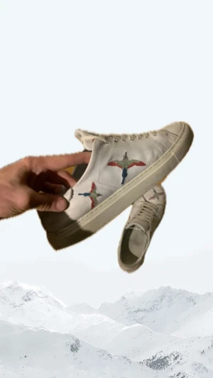 Axel Arigato vita sneakers med fågel - Snygga vita sneakers från Axel Arigato med färgglada broderade fåglar på sidorna. Klassisk låg modell med rund tå och platt sula. Skorna är tillverkade i skinn och har vita snören. Perfekt för dig som gillar stilrena och unika detaljer.