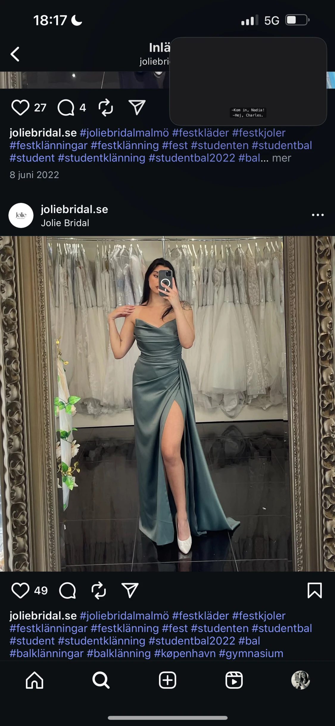 Grön satinklänning med slits - 6