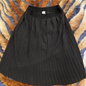 Svart plisserad kjol med resårmidja - Snygg svart plisserad kjol från Lindex med bred resår i midjan. Kjolen har en klassisk A-linjeform och är perfekt för dig som gillar stilrena och enkla plagg. Den är knälång och har ett lätt, flowy tyg som ger en skön känsla.