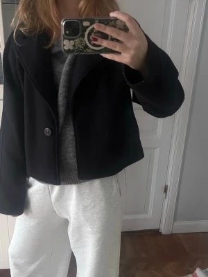 Svart kort kappa från Vila - Säljer en svart, croppad skeppar jacka med enkel knäppning framtill. Jackan har en klassisk krage. Perfekt till lager på lager och ger en clean look till alla outfits. Köptes för ett år sen men har bara blivit använd fåtal gånger. Fickorna är inte sprättade. (Har katt) 